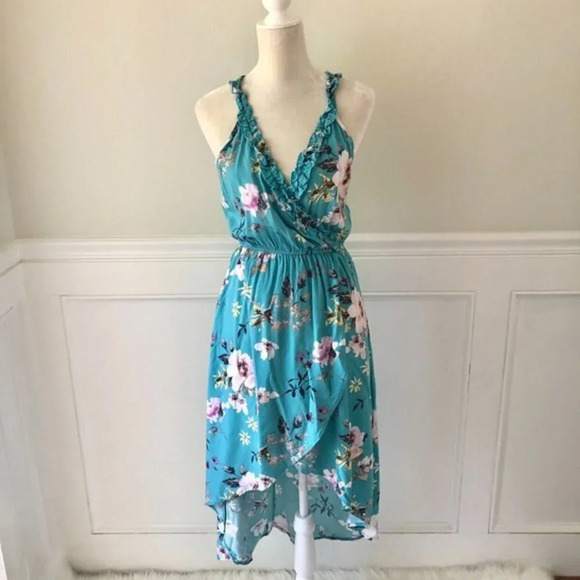 Louna High Low Floral Maxi Dress Blue Ruffle S - Picture 2 of 6